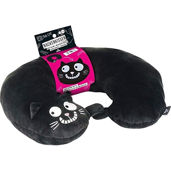Mojżesz Ed, The Cat Poduszka na kark | 2 w 1 szyjka i poduszka podróżna | Poduszka podróżna w kształcie kota 28 cm czarna, czarny, 28 cm, Poduszka podróżna