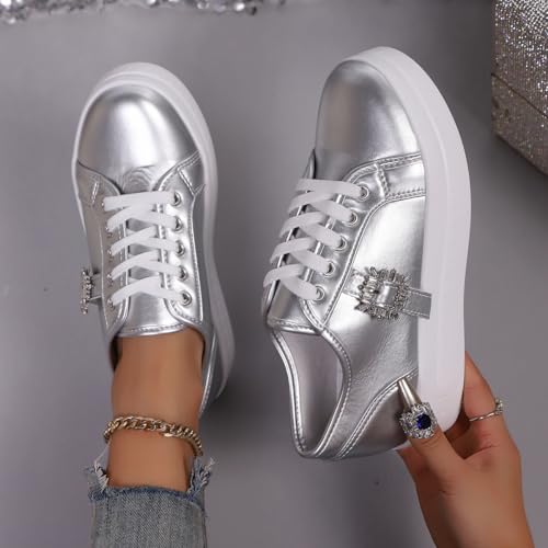 Women's Platform Sneakers, Black Leather with Crystal Buckle, Lace-up Fashion Shoes4