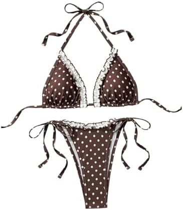 MakeMeChic Women's Polka Dots Triangle Bikini Sets Halter Tie Side Thong Bathing