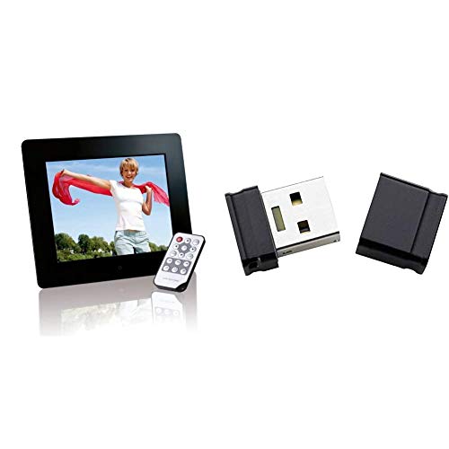 Photobase Digitaler Bilderrahmen (20,3cm (8 Zoll) Display, SD Kartenslot, Fernbedienung) schwarz & Micro Line 32 GB USB-Stick USB 2.0 schwarz