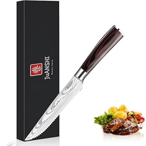 JUANSHI® Steakmesser 11.4 cm – Hoher Kohlenstoffgehalt Edelstahl Steak Messer mit ultrascharfer gezackter Klinge und ergonomischem Holzgriff Wird in einer Geschenkbox geliefert