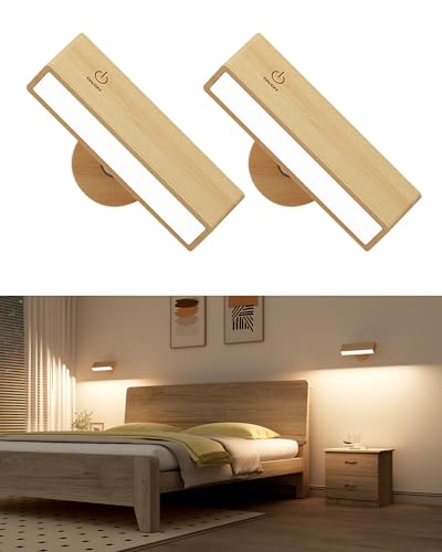 DetarZinLED Lot de 2 Applique Murale Intérieure Bois,Lampe Murale Sans Fil Rechargeable USB,Réglage de La Luminosité Applique Murale Sans Fil Chambre,Lampe de Chevet Murale Tactile,lampe sans fil