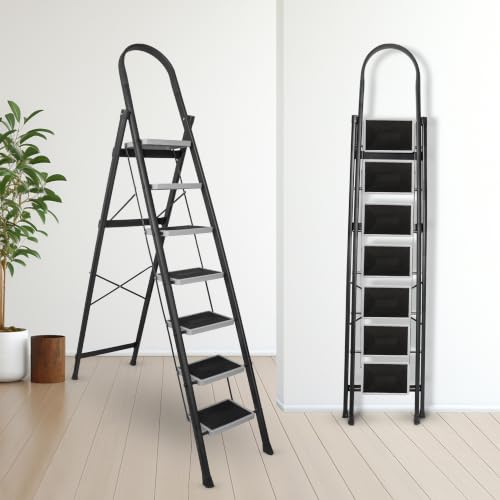 Image of TEKCOOL Ladder for Home 7 Steps Foldable with Built-in Tool Tray | Heavy Duty D Shape Rods | 20 x 30cm Large Platform | Wide Rubber Feet | Secure Lock | 150Kg Capacity