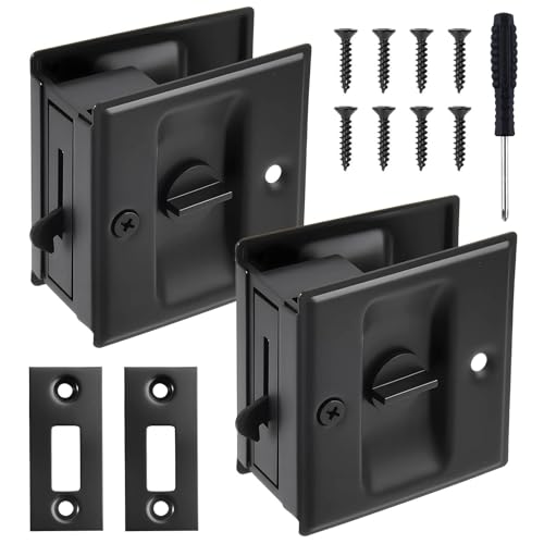 Kit de 2 cerraduras para puertas empotradas, herraje de privacidad para puertas empotradas de 2-1/2" × 2-7/10", manijas para puertas empotradas, cerradura y pestillo con tirador en negro mate para puertas de 1-3/8" a 1-3/4" miniatura 1