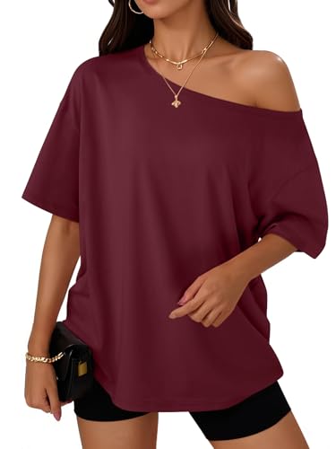 Trendy Queen Womens Off the Shoulder Tops Oversized T-Shirts Short Sleeve Tees Summer 2026 Casual Spring Clothes Workout Gym Y2k Cute Going Out Plus Size Fashion Clothing WineRed M