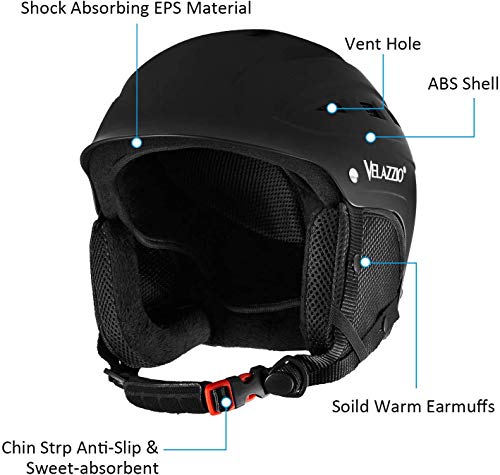 VELAZZIO Valiant Ski Helmet, Snowboard Helmet - Adjustable Venting, Goggles and Audio Compatible, Removable Liner and Ear Pads, Safety-Certified Snow Sports Helmet for Men, Women & Youth （Black - S） - Thumbnail 6