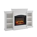 Ameriwood Home Lamont 69 Inch Electric Fireplace with Mantel, Shelves, Replaceable Fireplace Insert Heater, Remote Control, Timer, Realistic Log and Flame Effect, For Living Room or Bedroom, White
