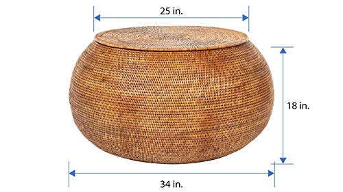 KOUBOO La Jolla Round Rattan Storage Coffee Table, Honey-Brown - Image 6