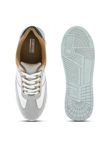 Image of STANPHORD Men's Colourblock Chunky Lightweight Lace-Up Sneakers | Casual Synthetic Leather Shoes with PU Cushioned Insole & Non-Slip Rubber Sole | Comfortable Round Toe Walking Footwear Built for Men Seeking Trendy Street Style with All-Day Comfort | Ideal for Office, Travel, Weekend & Daily Wear | Available in White Grey | UK Sizes 6-11