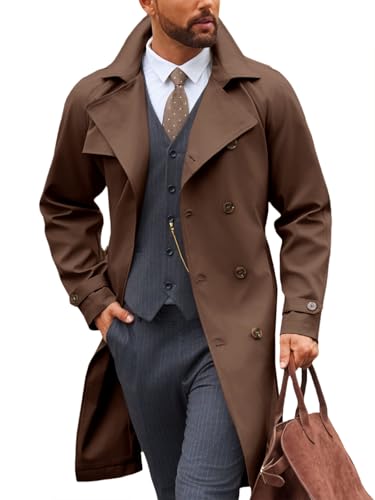 Image of Runcati Mens Trench Coat Double Breasted Notched Lapel Casual Belted Windbreaker Fall Classic Long Jacket Overcoat