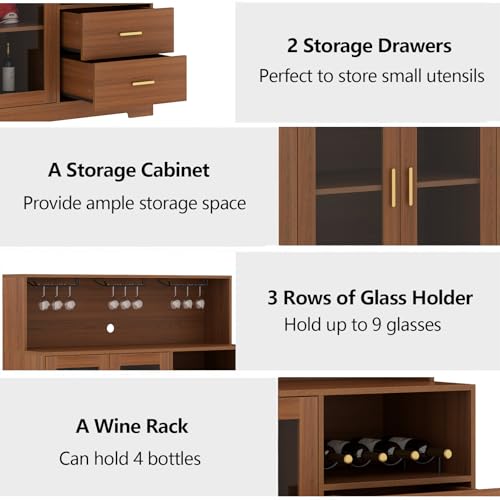 Image of Bar Cabinet for Home with LED Light,Coffee Bar Cabinet w / Wine & Glass Rack | Kitchen Buffet Sideboard with Storage Cabinet&Drawers, Modern Liquor Cabinet for Living Room Dining Room (Brown)