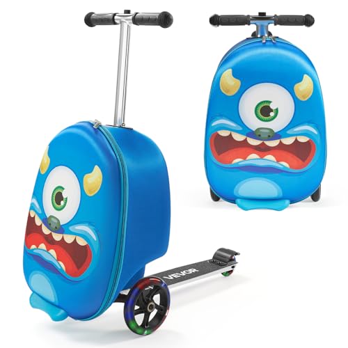 VEVOR Ride-on Luggage, 20 L Capacity, 20 Inches Kids Scooter Suitcase with Flash PU Wheels, Adjustable Handle & TPR Non-Slip Grip, Foldable & Lightweight Scooter Luggage for Kids Aged 5+, Blue