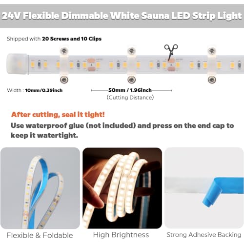 Image of SuperlightingLED DC24V 4000K White Sauna LED Strip Lights High Temp, Flexible Long 5m 16.4ft 120 LEDs /m Heat Resistant Waterproof LED Strip Light IP68 for Steam Room Lighting (4000K Natural White)
