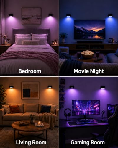 Image of Wall Mounted Lights, 2 Pack Rechargeable RGB Color Changing Light, 3 Color Temps & Remote and Touch, 360Rotation Dimmable Cordless for Study Bedroom Reading Bedside (Black)