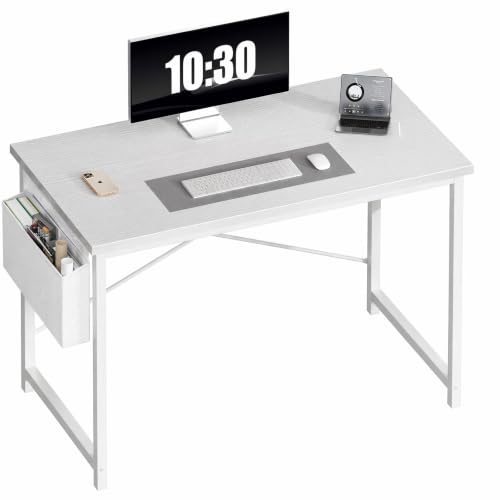 Image of OLIXIS Computer Desk, 44 Inch Gaming Desks for Home Office Small Spaces | Writing Study Craft Work Table, Computer Workstation for Bedroom with Storage Bag, All White