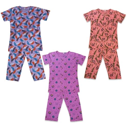 Image of Girls Pure Cotton Casual Round neck regular feet Multi Color Girls night dress Half Sleeve set of 3 pcs