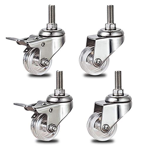 Ruedas giratorias de 40/50 mm con Freno, vástago roscado M10, Rueda de Mueble pequeña Transparente, Soporte de Acero Inoxidable Resistente al Agua, para Silla de Oficina/Banco de Trabajo, 4pcs
