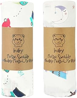 ALBOYI 2 Pack Baby Muslin Washcloths, Soft and Absorbent Baby Bath Towel 120cm x 110cm, Organic Cotton Moon and Car Cartoon Reusable Newborn Towel, Squares Muslin Washcloth Blanket for Newborn