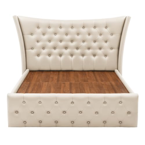Image of Wakefit Bed | Queen (78 X 60) Solid Wood Bed, Upholstered, Hydraulic, 3 Year Warranty | - Lovejoy - Beige