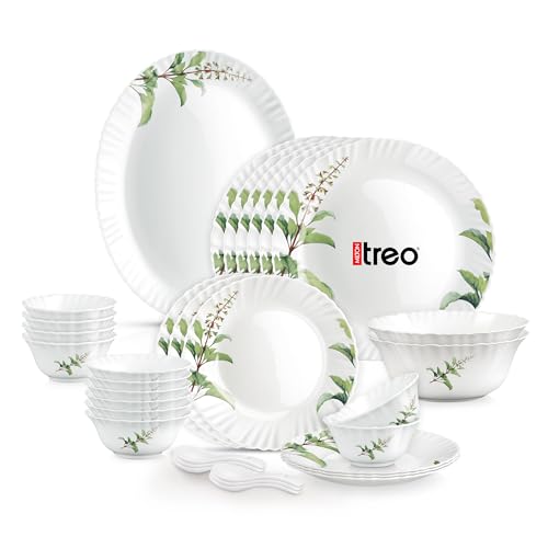 Image of Treo by Milton Opalware Aurelia Savira Dinner Set of 33 | Serving for 6 | Microwave & Dishwasher Safe | Bone-Ash Free | Tempered Toughness | Plates, Bowls, Spoons | Crockery Set for Dining & Gifting