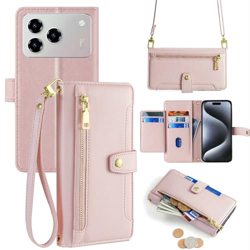 Coque portefeuille ZTE Blade A76 4G rose contre les chocs avec zippe monnaie