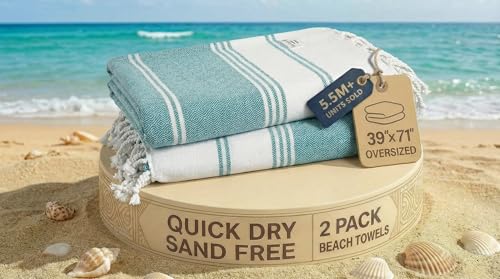 LANE LINEN Turkish Beach Towels, 2 Pack Extra Large Beach Towel, Pre-Washed for Soft Feel, Cotton Rich Oversized Sand Free Quick-Dry Pool Towel, Beach Towels For Adults, 39x71 - Baltic