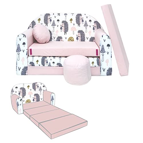 Mon Mobilier Design Nino Canapé Convertible lit pour Enfant avec Pouf et Coussin Oeko-TEX Hérissons Rose Clair