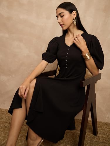 Image of Amazon Brand - INKAST Women A-Line Midi Dress | Puff Sleeves | Perfect for Casual and Semi-Formal Occasions