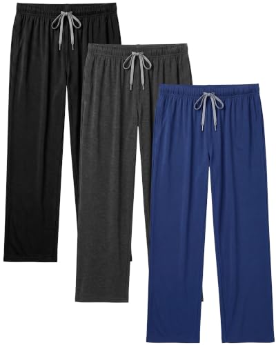 Image of 3 Pack Mens Cotton Pajamas Pants Lounge Pjs Bottoms Sleepwear Bottoms Soft Pants with Pockets Drawstring