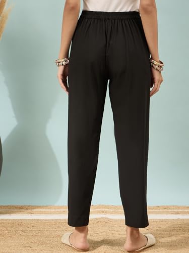 Image of D K W Women's Mid Rise Relaxed Fit Cotton Flex Trousers with Elastic Back & Drawstring - Ideal for Winter, Formal, Office & Casual Wear, Comfortable for Girls and Women
