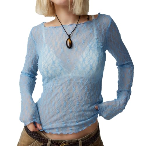 PAODIKUAI Women's Mesh Top Crew Neck Lace Tops See Through Shirt Sheer Top Sexy Blouses lace Layering top Medium Blue