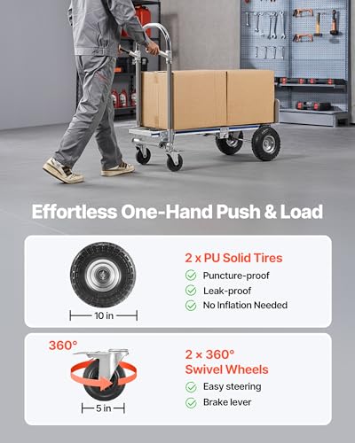 Image of VEVOR 2 in 1 Hand Truck, 1000 lbs Load Capacity for 4-Wheel Mode, Convertible Hand Truck Dolly with Non-Slip Handle & Wheels, Portable Trolley Dolly for Moving Home, Office, Warehouse, Supermarket