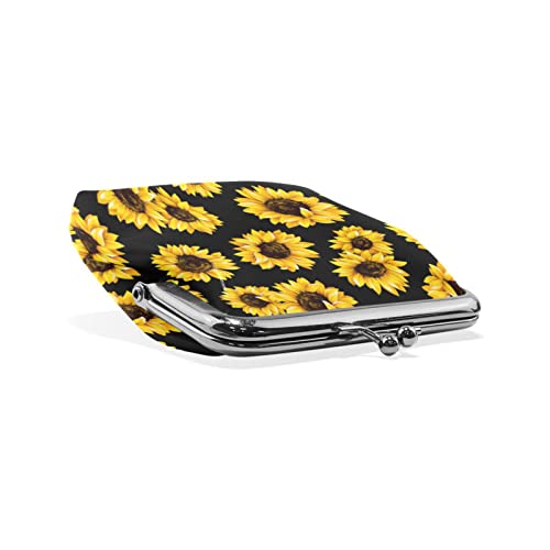 Zzaeo Yellow Floral Sunflower Pattern Black Cute Coin Purse For Women And Girls Retro Money Pouch With Kiss-Lock Buckle Small Wallet Card Change Holder #TOP4