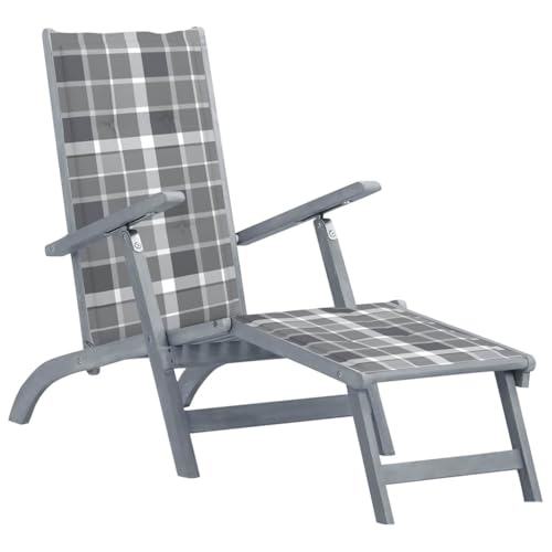 SooIarix Tumbona de madera maciza de acacia con reposapiés y soporte, 3 alturas ajustables, resistente a la intemperie, plegable, con diseño de cuadros grises, ideal para jardín, terraza y camping