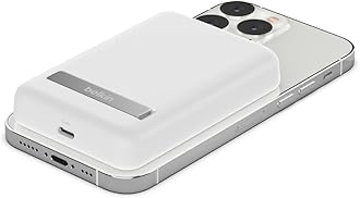 Belkin 5000 mAh Magnetic Wireless Portable Charger, Power Bank Compatible with MagSafe for iPhone 14/13/12 Series with USB C Pass-thru Charging and Kickstand – White