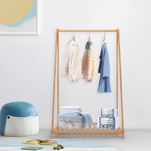 Jotsport Small Clothes Rack Kids Dress Up Storage for Playroom, Toddlers Bedroom, Bamboo Child Garment Rack with Storage Shelf, Kids Clothing Rack Costumes Organizer