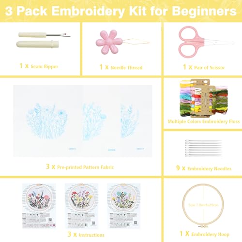 Image of RidaaFri Embroidery Kit for Beginners, Set of 3 Flower Pattern DIY Practice Kits for Adults, Hand Embroidery Set with Step-by-Step Guide & Video Tutorial, Includes Hoop, Needles, Floss