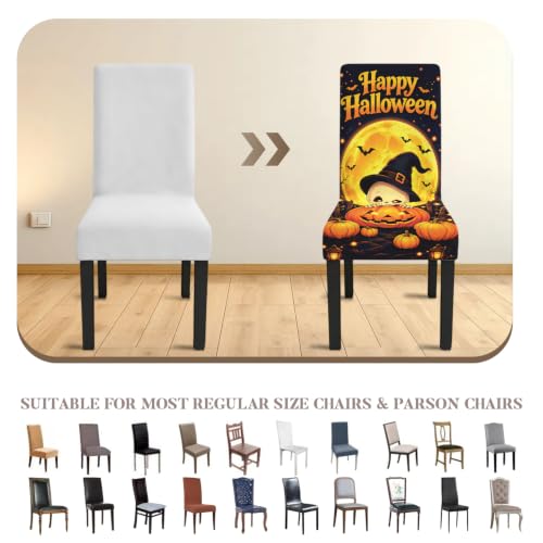 Image of Happy Halloween Dining Chair Covers Set of 4, Pumpkin Slipcovers