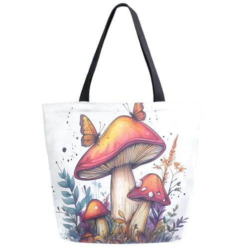 ZzWwR Fashion Extra Large Shoulder Tote Bag, Wild Mushroom and Butterfly Canvas Durable Daily Weekender Handle Bag Ideal for Gym Picnic Yoga Beach Travel Kitchen Market Grocery Shopping
