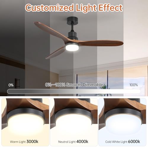 Image of Sofucor 60 Inch Wood Ceiling Fans with Lights and Remote, Indoor /Outdoor | Modern, 3 Blade, Quiet Reversible DC Motor, 3CCT Dimmable, 6 Speeds, Bedroom /Living Room /Farmhouse /Patio /Kitchen, Brown