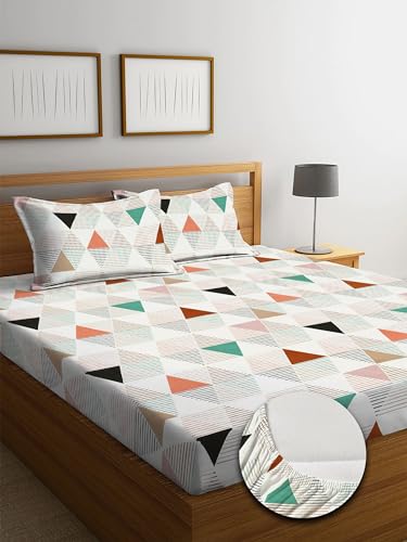 Image of NEW LEAF Premium Cotton Elastic Fitted Bedsheets with 2 Pillow Covers | Double Bed with All Around Elastic 180 TC Supersoft | for 78x72+10 Mattress, Blue & Rust
