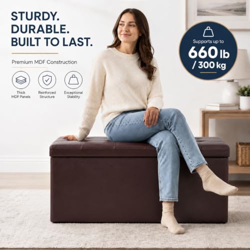 Image of ALASDO 30 Inch Folding Storage Ottoman Bench with Hidden Storage, PU Leather Ottoman Foot Rest Stool, End of Bed Bench for Bedroom, Living Room, Entryway and Closet, Brown