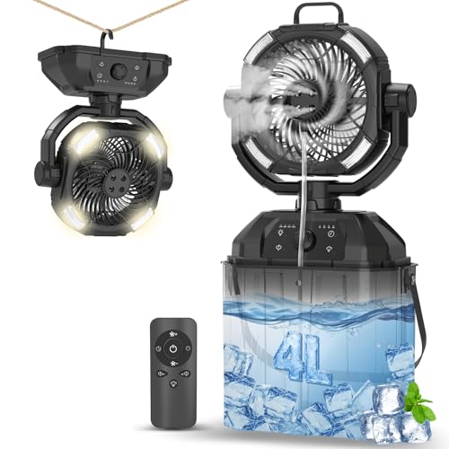 ATOPSUN ミストファン キャンプ 扇風機 アウトドア 充電式 【虫除け対応·瞬間冷却】32000mAh大容量 4L 強力送風 コードレス 加湿 ミスト噴霧機能 充電式ファン DCモーター 静音 風量100段階調整 3段階LEDライト 左右首振り 冷風扇風機 卓上 吊り下げ 収納可能 お手入れ簡単 リモコン付き コンパクト 省エネ ポータブル 防災 キャンプ用品 車中泊 屋外 暑さ対策の商品画像（Amazon）