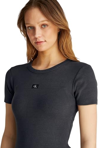 Calvin Klein Women’s Washed Woven Label Ribbed Short Bodycon Dress, Grey (Washed Black), 3XL - Image 3