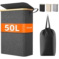 Lifewit 50L Wäschekorb Schmal mit Deckel, Faltbarer Wäschesammler Schmal mit Wäschesack, Laundry Basket Wäscheboxen aus Bambus mit Tragegriff für Apartment, Wohnheim und Wohnwagen,Dunkelgrau