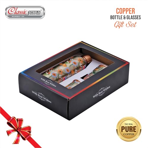 Image of Classic Steels Elegant Ethnic Green Copper Water Bottle Set with 2 Glasses - 1L Capacity | Best Gift For Diwali, Wedding Anniversary And All Other Occasions. (Forest Green Copper Bottle Set)