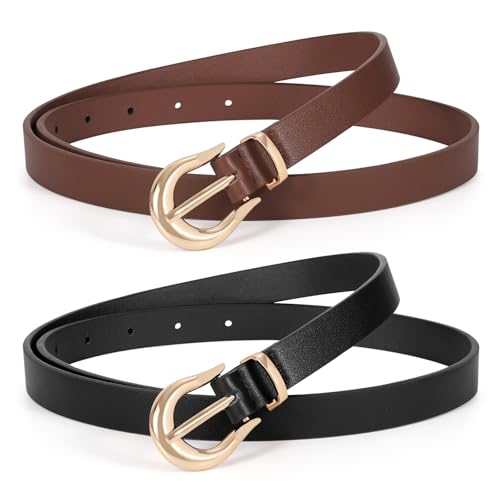 WERFORU Women Skinny Leather Belt for Dress Ladies Thin Waist Belt with Gold Buckle for Jeans Pants