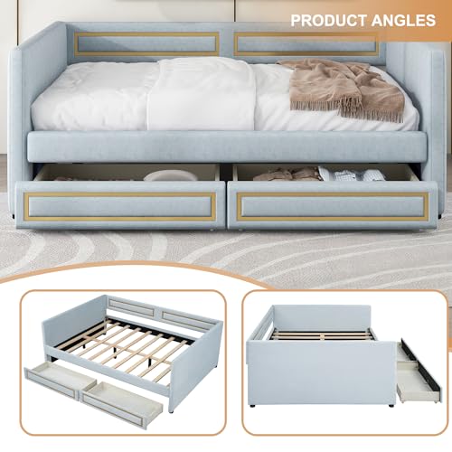 Polibi Stylish Blue Full Size Upholstered Daybed with Two Storage Drawers – Stylish and Functional Solution for Small Spaces and Overnight Guests - Thumbnail 5