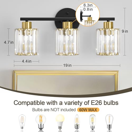 Image of Modern Black Gold Crystal Bathroom Light Fixtures,3-Light | Bathroom Lighting Fixtures over Mirror,Vanity Lights for Mirror, Restroom(Ceramic E26 Socket,Bulbs Not Include)