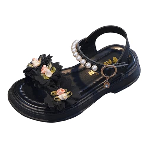 Girls Dress Sandals Kids Floral Open Toe Wedding Party School Summer Pearls Ankle Strap Flat Sandal Flower Girl Shoes